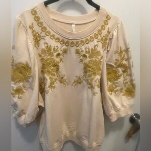 Anthropologie Embroidered Cream and Gold Women's Top